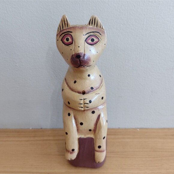 Vintage Hand Painted Polka Wooden Cat Figurine Incense Holder Folk Art - Picture 1 of 8